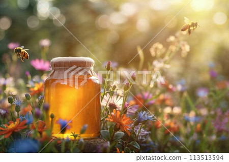 A jar of honey in a blooming meadow full of bees at sunset. Natural organic honey. Beekeeping concept 113513594