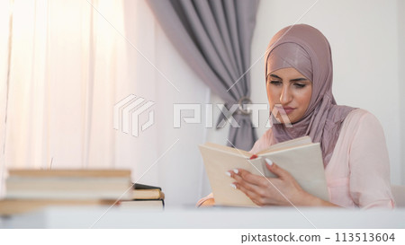 Reading leisure. Literature fan. Study knowledge. Serene cheerful woman enjoying favorite bestseller book at morning home window copy space. Reading leisure. Literature fan. Study knowledge. Serene cheerful woman enjoying favorite bestseller book at morning home window copy space. 113513604
