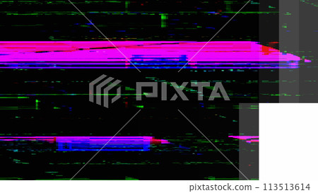 Abstract background. Colorful glitch. Computer distortion. Neon purple pink digital defect artifacts virtual game error bad signal effect in black screen art. Abstract background. Colorful glitch. Computer distortion. Neon purple pink digital defect artifacts virtual game error bad signal effect in black screen art. 113513614