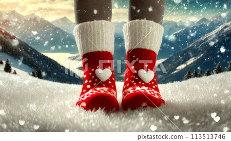 Red Wool Socks with white Hearts on Female Feet - Generative Ai 113513746