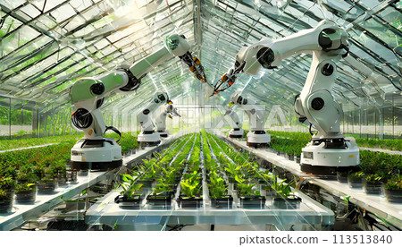 Automated Industrial Robotic Arms Picking up Plants in a Greenhouse - Generative Ai 113513840