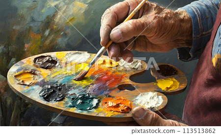Wrinkled Hands of a Painter Using Color Palette and a Paintbrush - Generative Ai 113513862