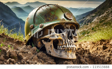 Human Skull with Army Helmet in a Muddy Trench - Generative Ai Human Skull with Army Helmet in a Muddy Trench - Generative Ai 113513888