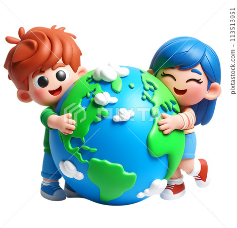 Earth day concept with people hugging the earth in 3D cartoon for environment and climate change awareness  113513951