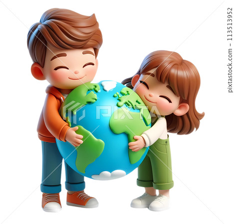 Earth day concept with people hugging the earth in 3D cartoon for environment and climate change awareness  113513952