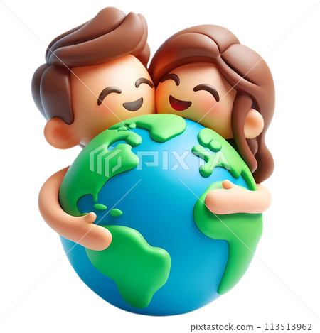 Earth day concept with people hugging the earth in 3D cartoon for environment and climate change awareness  113513962