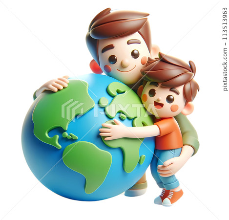Earth day concept with people hugging the earth in 3D cartoon for environment and climate change awareness  113513963