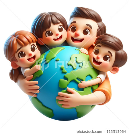 Earth day concept with people hugging the earth in 3D cartoon for environment and climate change awareness  113513964