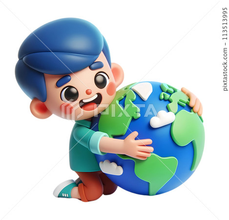 Earth day concept with people hugging the earth in 3D cartoon for environment and climate change awareness  113513995