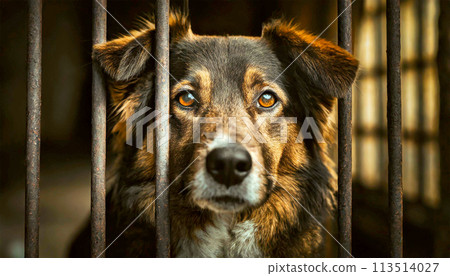 Sad Stray Dog in the Cage in a Stray Dog - Generative Ai 113514027