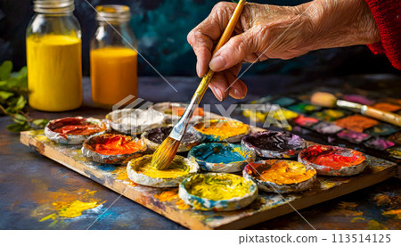 Wrinkled Hands of a Painter Using Color Palette and a Paintbrush - Generative Ai 113514125