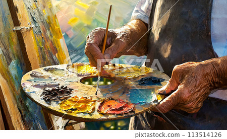 Wrinkled Hands of a Painter Using Color Palette and a Paintbrush - Generative Ai 113514126