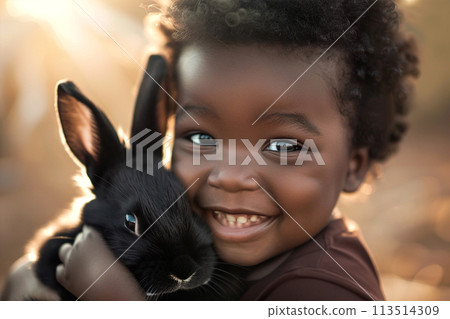 Closeup of happy african toddler hugging black bunny 113514309