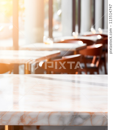 Empty marble table, blurred restaurant background with copy space, AI generated 113514747
