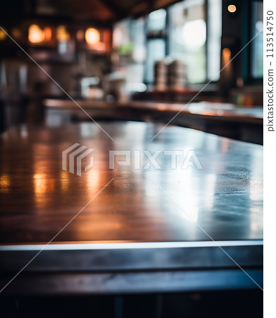 Empty metal table, blurred professional restaurant kitchen background, copy space, AI generated Empty metal table, blurred professional restaurant kitchen background, copy space, AI generated 113514750