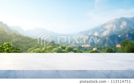 Empty marble table, product montage, Mediterranean sea landscape background, AI generated Empty marble table, product montage, Mediterranean sea landscape background, AI generated 113514751