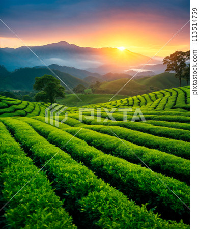Coffee plantation hills at sunrise time, beautiful landscape background. AI generated Coffee plantation hills at sunrise time, beautiful landscape background. AI generated 113514759