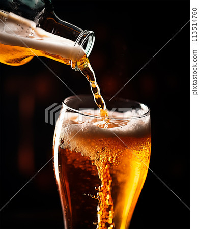 Close up of pouring beer, blurred bar background, AI generated 113514760