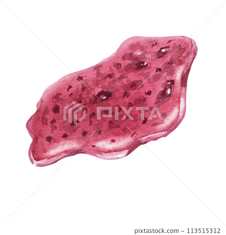 Raspberry jam puddle in watercolor illustration isolated on white background. Hand drawn homemade red berry jam for cookbooks, dessert recipes and rustic organic food Raspberry jam puddle in watercolor illustration isolated on white background. Hand drawn homemade red berry jam for cookbooks, dessert recipes and rustic organic food 113515312