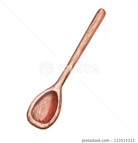 Wooden spoon in watercolor illustration isolated on white background. Hand drawn wooden spoon for cookbooks, dessert recipes and rustic organic food, menu illustration 113515313