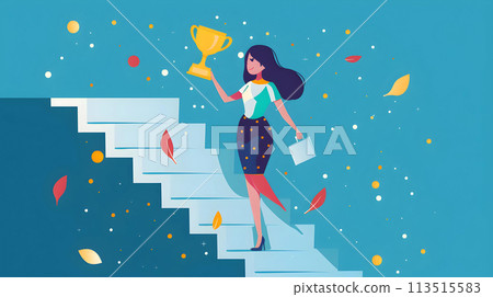 Businesswoman standing on stairs and holding trophy cup. Success and victory concept. Vector illustration 113515583