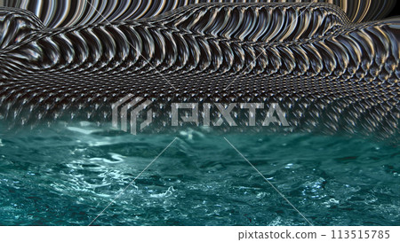 Swimming pool in techno style.A deformed lattice surface combined with rushing water. Swimming pool in techno style.A deformed lattice surface combined with rushing water. 113515785