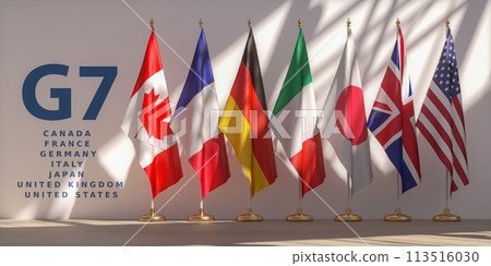 G7 summit or meeting concept. Row from flags of members of G7 group of seven and list of countries. 113516030
