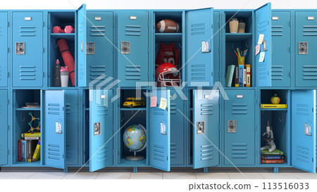 Student lockers at school. School lockers with open doors and student equipment, items and accessories for education and sport. 113516033