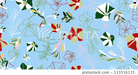 Floral seamless pattern vector. Convolvulus cneorum vector illustration. Blooming twig of convolvulus. Illustration isolated on blue background. Floral seamless pattern vector. Convolvulus cneorum vector illustration. Blooming twig of convolvulus. Illustration isolated on blue background. 113516133