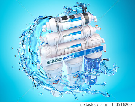 Reverse osmosis water purification system with water splashes on blue background.. Water cleaning system installation. 113516200