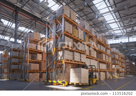 Retail warehouse full of shelves with cardboard boxes and packages. Logistics, storage, and delivery industrial background. 3d illustration Retail warehouse full of shelves with cardboard boxes and packages. Logistics, storage, and delivery industrial background. 3d illustration 113516202