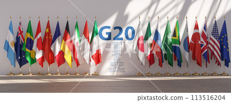 G20 summit or meeting concept. Row from flags of all members of G20 Group of Twenty and list of countries. G20 summit or meeting concept. Row from flags of all members of G20 Group of Twenty and list of countries. 113516204