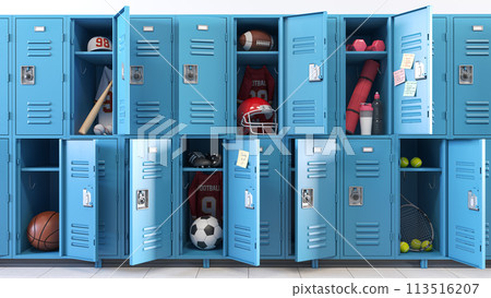 Kind of sports concept. School lockers with open doors and sports equipment, items and accessories for sports. Kind of sports concept. School lockers with open doors and sports equipment, items and accessories for sports. 113516207