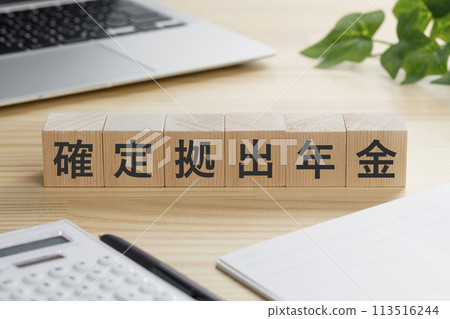 一塊積木,上面寫著固定繳款退休金 一塊積木,上面寫著固定繳款退休金 113516244