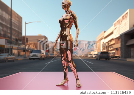 Crome robot woman standing in the desert. Artificial intelligence rise and shiny. Mechanical beauty. Generated AI. Crome robot woman standing in the desert. Artificial intelligence rise and shiny. Mechanical beauty. Generated AI. 113516429