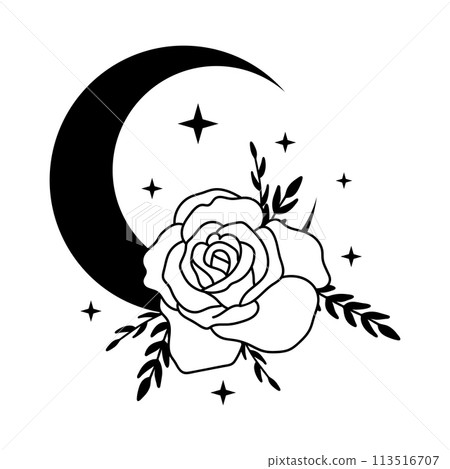 Celestial outline crescent moon with flowers and stars 113516707