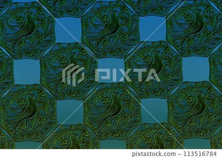 Decorative honeycomb curtain.Honeycomb of cells with the image of a firebird. Decorative honeycomb curtain.Honeycomb of cells with the image of a firebird. 113516784