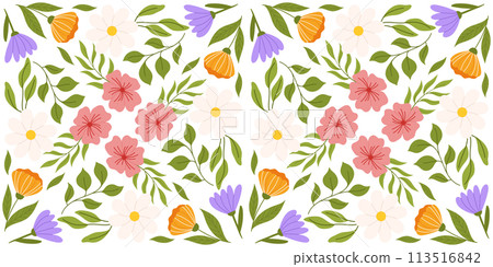 Seamless pattern showcasing floral elements. Botanical-inspired recurring design with lilac, orange, and white flowers, pink cherry blossom, various leaves Seamless pattern showcasing floral elements. Botanical-inspired recurring design with lilac, orange, and white flowers, pink cherry blossom, various leaves 113516842