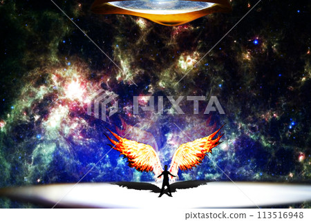 Angel and the Universe.The center of attention is a man with wings, behind whom the Universe is visible. Angel and the Universe.The center of attention is a man with wings, behind whom the Universe is visible. 113516948