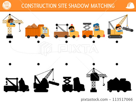 Construction site shadow matching activity with special transport, vehicles. Building works puzzle with lifting crane, truck, evacuator. Find correct silhouette printable worksheet or game for kids Construction site shadow matching activity with special transport, vehicles. Building works puzzle with lifting crane, truck, evacuator. Find correct silhouette printable worksheet or game for kids 113517066