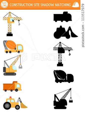 Construction site shadow matching activity with special transport, vehicles. Building works puzzle with lifting crane, truck, concrete mixer. Find correct silhouette printable worksheet or game for Construction site shadow matching activity with special transport, vehicles. Building works puzzle with lifting crane, truck, concrete mixer. Find correct silhouette printable worksheet or game for 113517079