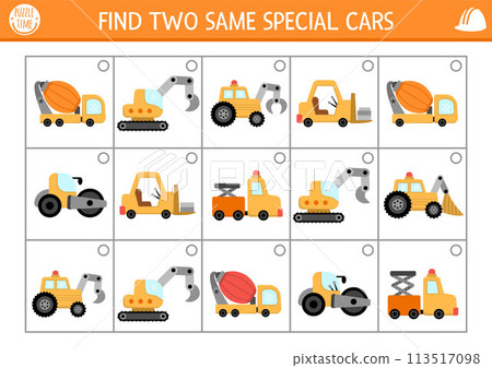 Find two same special cars. Construction site matching activity for children. Building works educational quiz worksheet for kids for attention skills. Simple printable game with cute vehicles 113517098