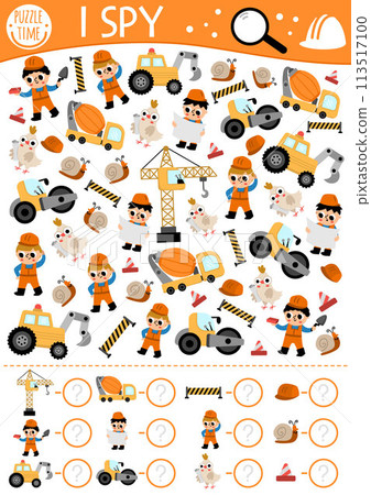 Construction site I spy game for kids. Searching and counting activity with builders, special technics. Building works printable worksheet for preschool children. Simple repair service spotting Construction site I spy game for kids. Searching and counting activity with builders, special technics. Building works printable worksheet for preschool children. Simple repair service spotting 113517100