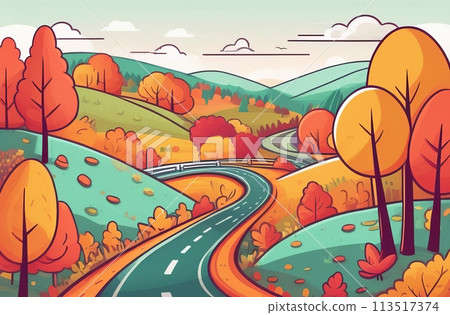 A captivating illustration showcasing a serpentine road meandering through an autumnal paradise 113517374