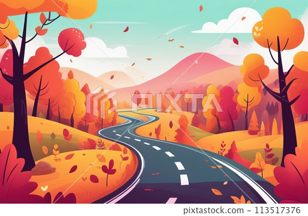 A winding road cuts through a stylized landscape flush with the warm hues of fall foliage 113517376