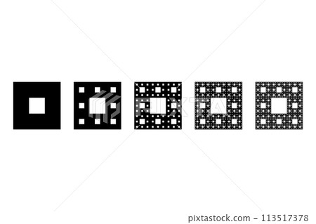 Sierpinski carpet, plane fractal. Starting with a square, cut into 9 congruent subsquares, the central one removed. Same procedure then applied recursively to the remaining 8 subsquares, ad infinitum. Sierpinski carpet, plane fractal. Starting with a square, cut into 9 congruent subsquares, the central one removed. Same procedure then applied recursively to the remaining 8 subsquares, ad infinitum. 113517378