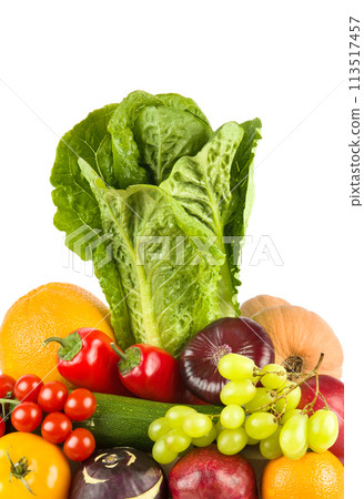 Set of vegetables and fruits isolated on a white. Vertical photo. 113517457