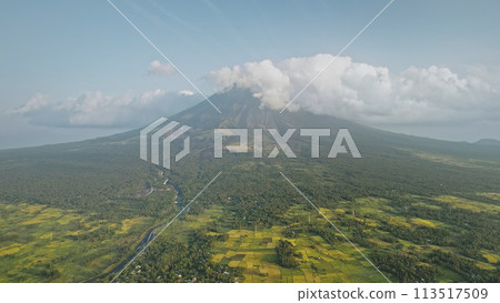 Volcano erupt at green tropic valley aerial. Mayon mount at nobody nature landscape 113517509