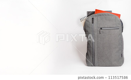 Books, notebooks picking out from backpack. Banner background Books, notebooks picking out from backpack. Banner background 113517586