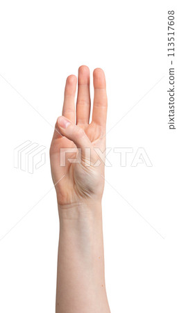 Hand showing 3 fingers up isolated on white background Hand showing 3 fingers up isolated on white background 113517608